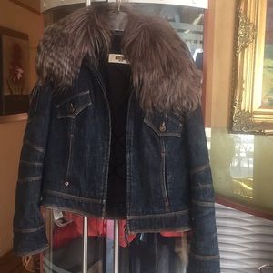Moschino denim winter jacket with  lama collar